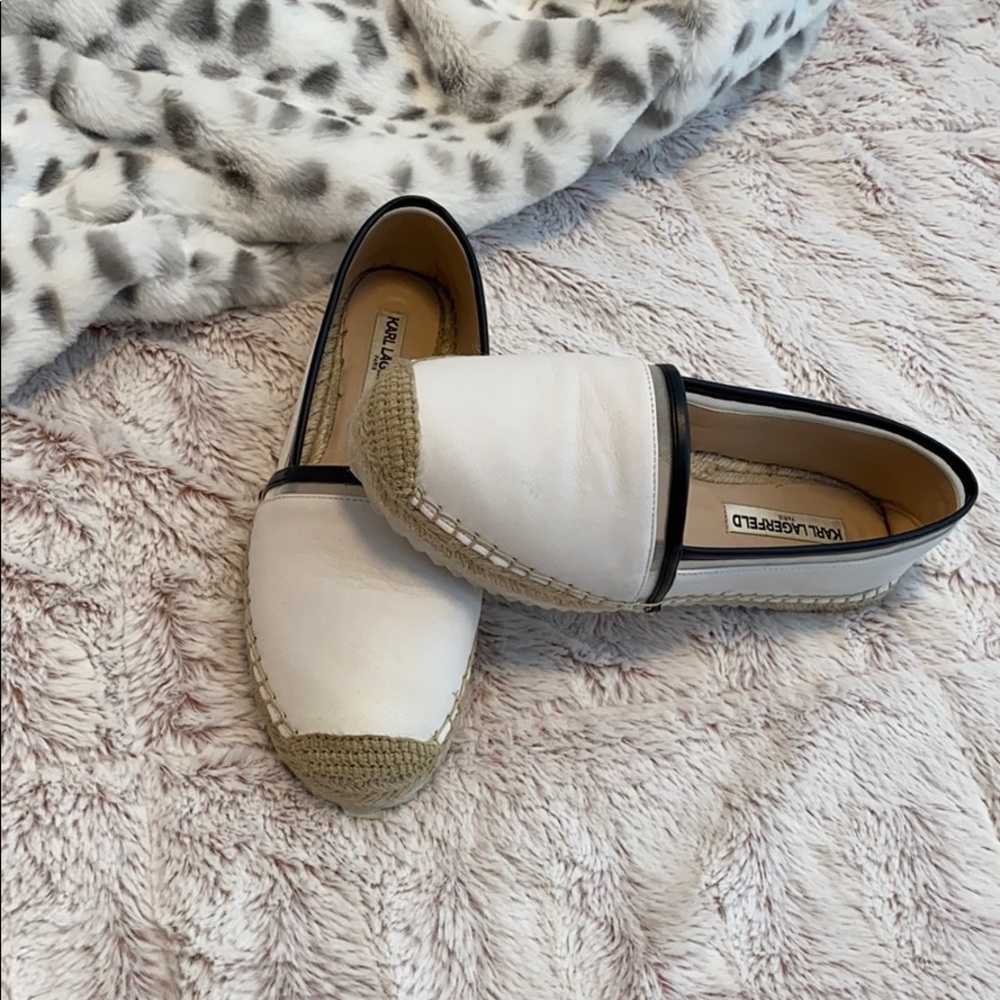 💗KARL LAGERFELD White & Black Leather Espadrilles
